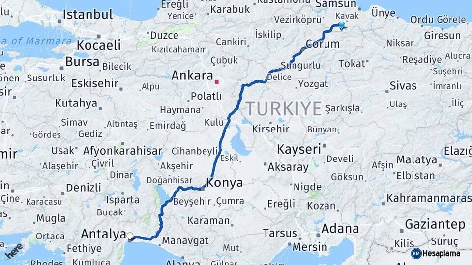 Samsun Ladik Antalya Arası Kaç Km - Yol Haritası