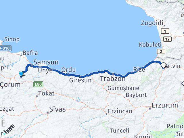 Samsun Ladik Artvin Arası Kaç Km - Yol Haritası