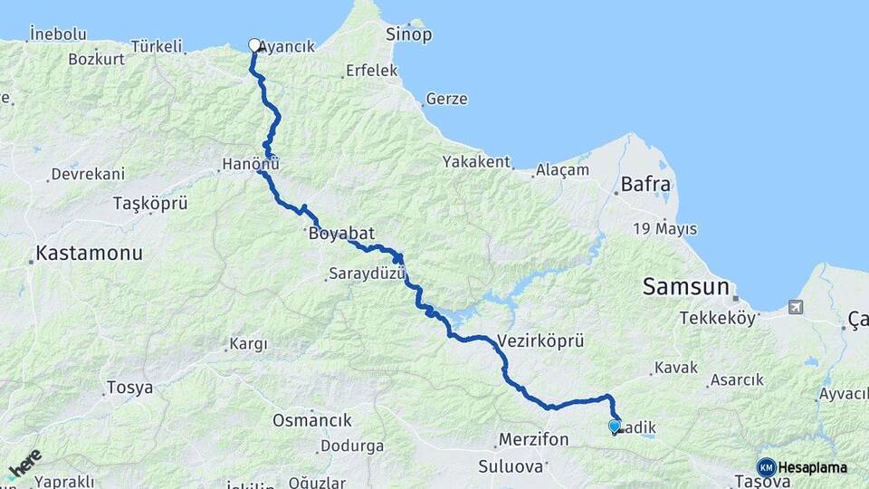 Samsun Ladik Ayancık Sinop Arası Kaç Km - Yol Haritası