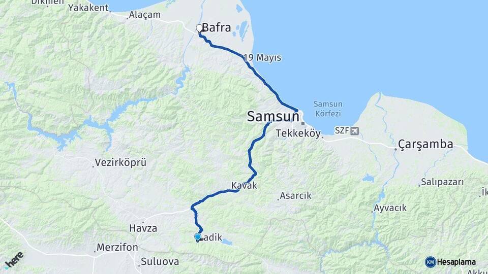 Samsun Ladik Bafra Arası Kaç Km - Yol Haritası