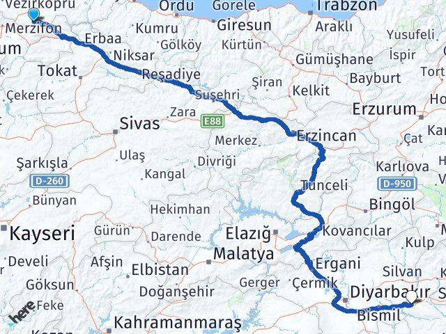 Samsun Ladik Batman Arası Kaç Km - Yol Haritası