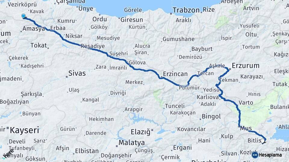Samsun Ladik Bitlis Arası Kaç Km - Yol Haritası