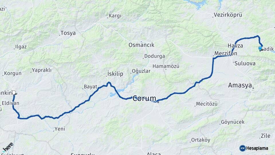 Samsun Ladik Çankırı Arası Kaç Km - Yol Haritası