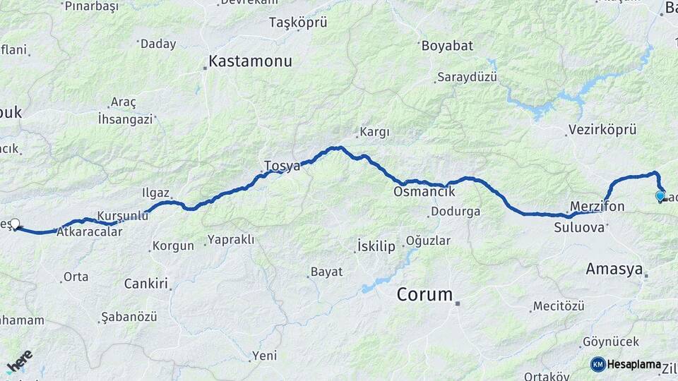 Samsun Ladik Çerkeş Çankırı Arası Kaç Km - Yol Haritası