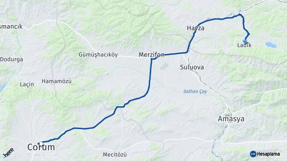 Samsun Ladik Çorum Arası Kaç Km - Yol Haritası
