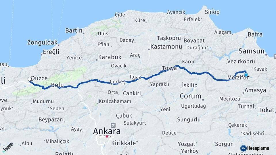 Samsun Ladik Düzce Arası Kaç Km - Yol Haritası