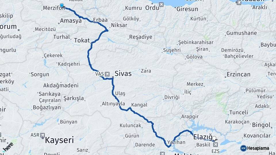 Samsun Ladik Elazığ Arası Kaç Km - Yol Haritası