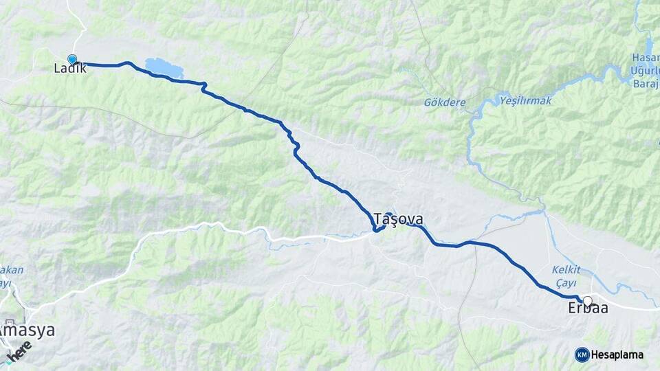Samsun Ladik Erbaa Tokat Arası Kaç Km - Yol Haritası