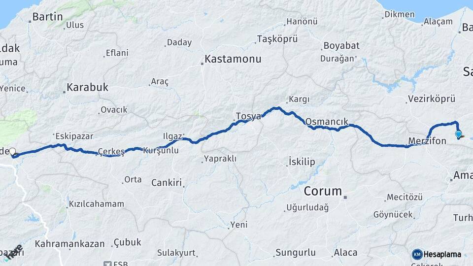 Samsun Ladik Gerede Bolu Arası Kaç Km - Yol Haritası
