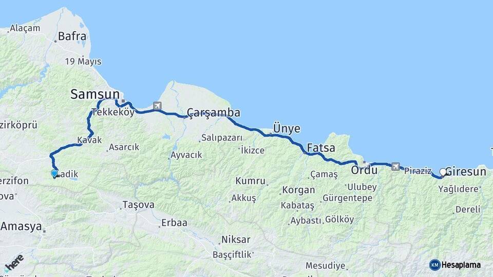Samsun Ladik Giresun Arası Kaç Km - Yol Haritası