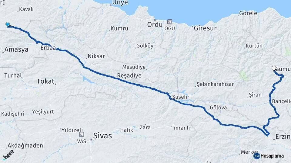 Samsun Ladik Gümüşhane Arası Kaç Km - Yol Haritası