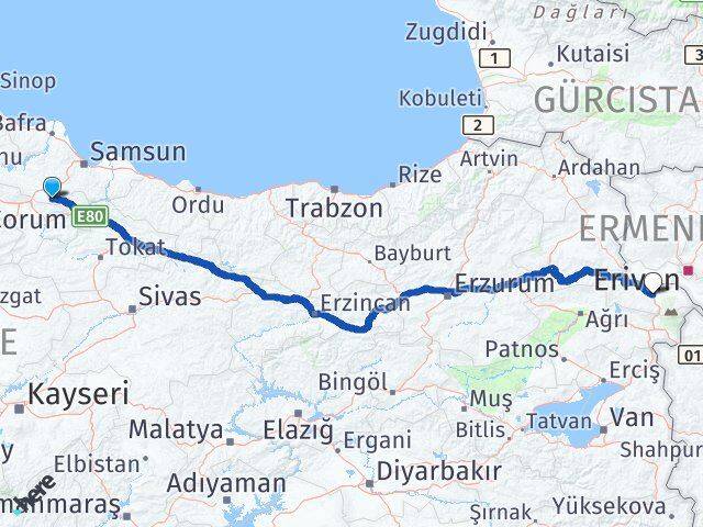 Samsun Ladik Iğdır Arası Kaç Km - Yol Haritası