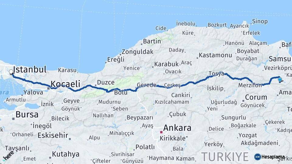 Samsun Ladik İstanbul Arası Kaç Km - Yol Haritası