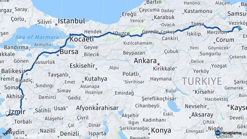 Samsun Ladik İzmir Arası Kaç Km - Yol Haritası
