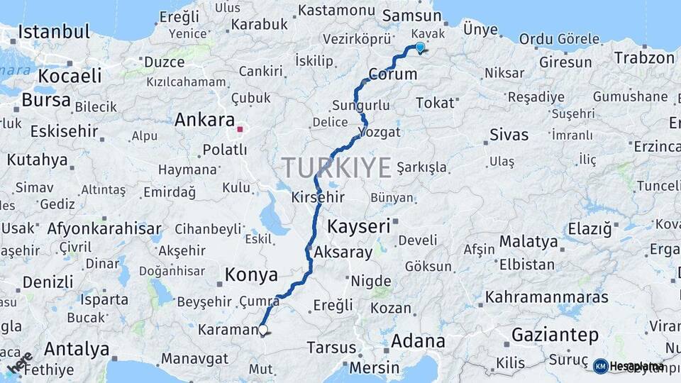 Samsun Ladik Karaman Arası Kaç Km - Yol Haritası
