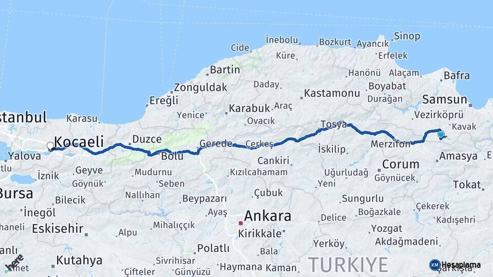 Samsun Ladik Kocaeli Arası Kaç Km - Yol Haritası