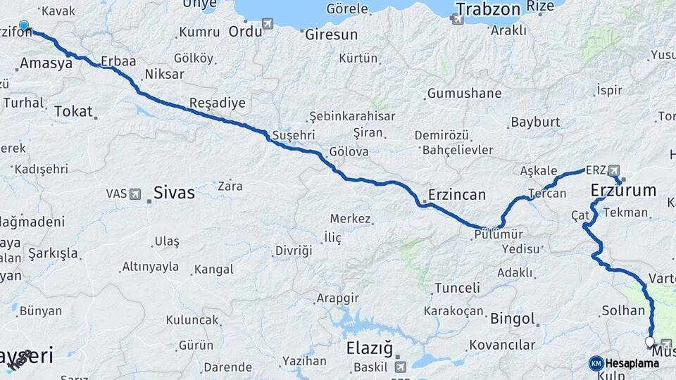 Samsun Ladik Muş Arası Kaç Km - Yol Haritası