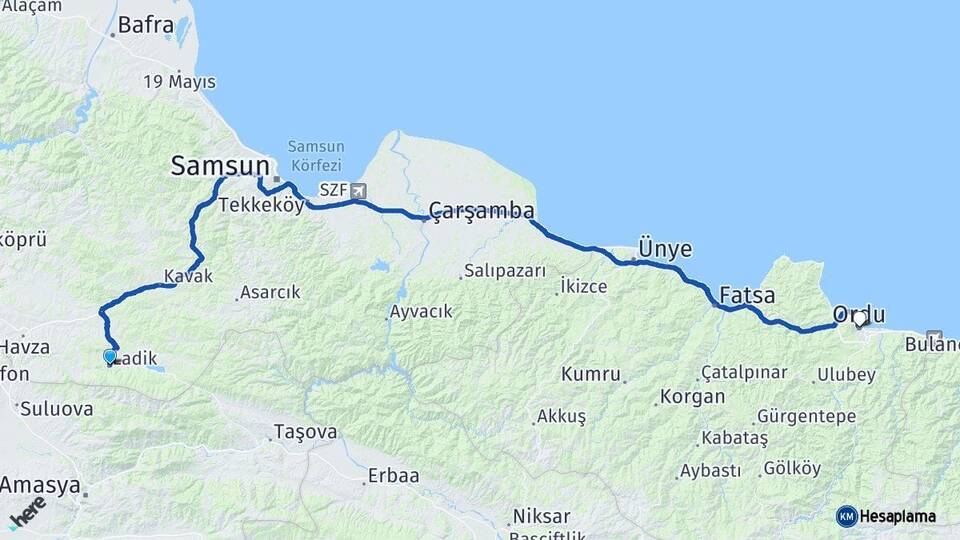 Samsun Ladik Ordu Arası Kaç Km - Yol Haritası