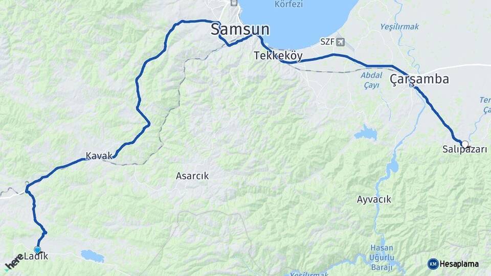 Samsun Ladik Salıpazarı Arası Kaç Km - Yol Haritası
