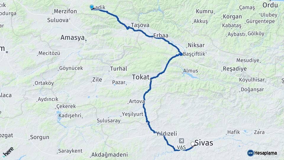 Samsun Ladik Sivas Arası Kaç Km - Yol Haritası