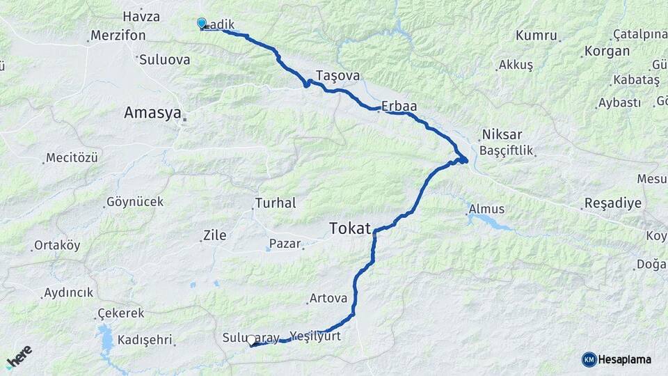 Samsun Ladik Sulusaray Tokat Arası Kaç Km - Yol Haritası