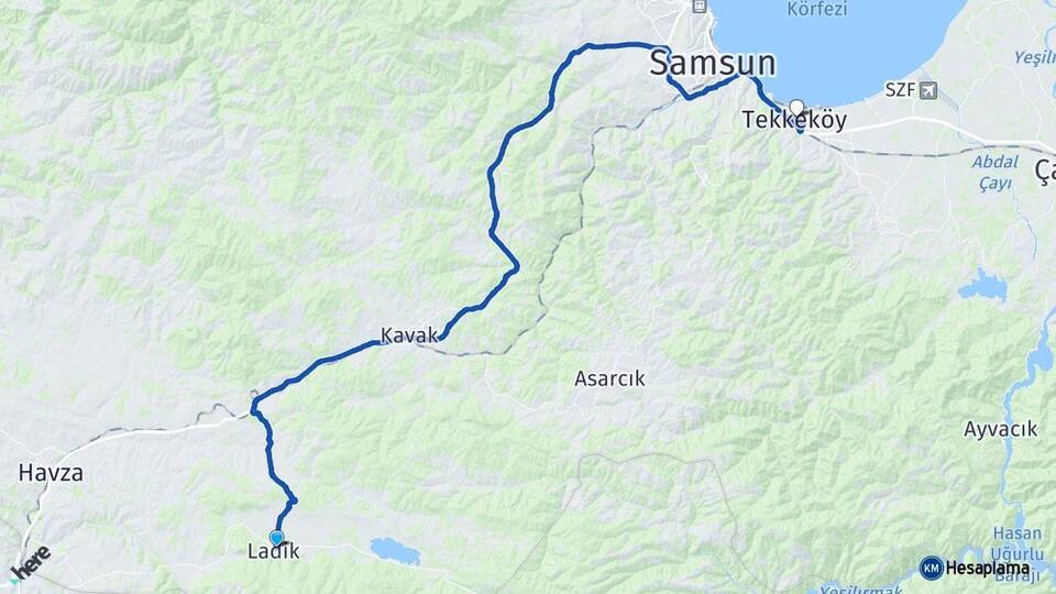 Samsun Ladik Tekkeköy Arası Kaç Km - Yol Haritası