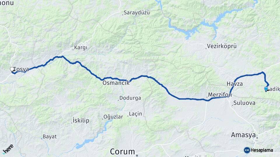 Samsun Ladik Tosya Kastamonu Arası Kaç Km - Yol Haritası