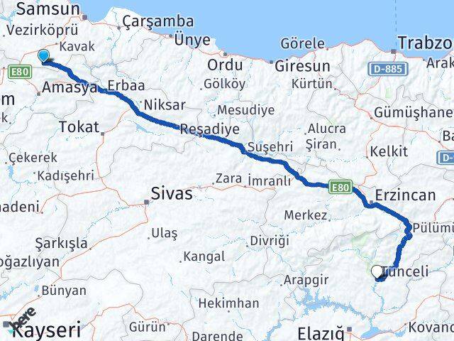 Samsun Ladik Tunceli Arası Kaç Km - Yol Haritası