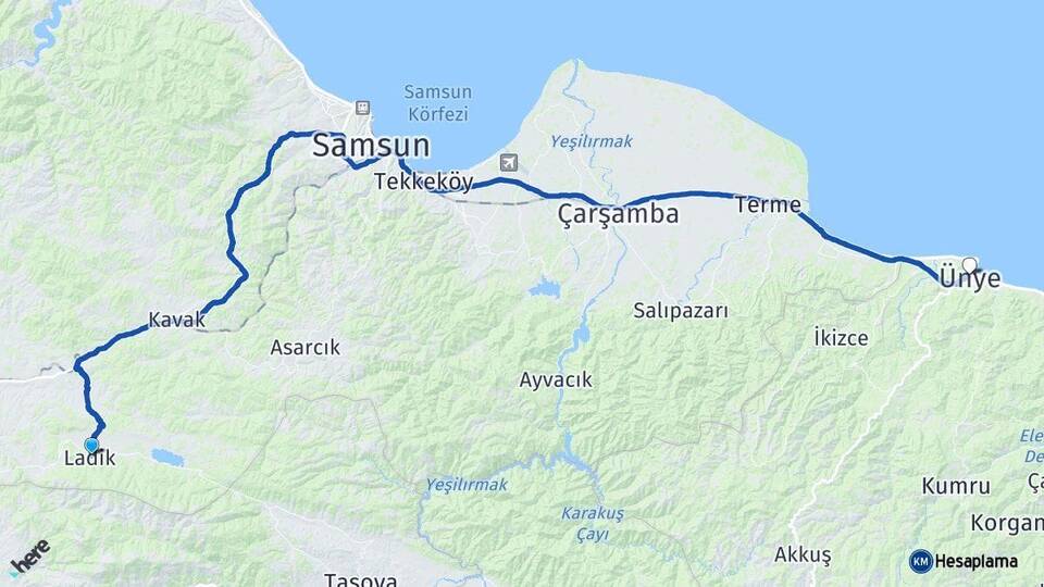 Samsun Ladik Ünye Ordu Arası Kaç Km - Yol Haritası