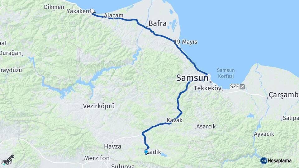 Samsun Ladik Yakakent Arası Kaç Km - Yol Haritası