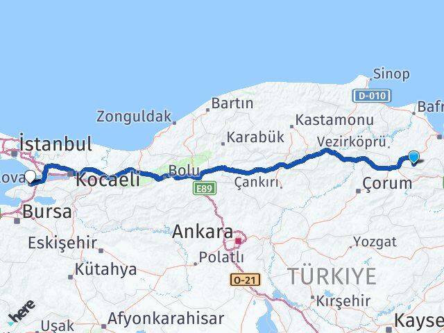 Samsun Ladik Yalova Arası Kaç Km - Yol Haritası