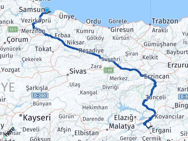 Samsun Maden Elazığ Arası Kaç Km - Yol Haritası