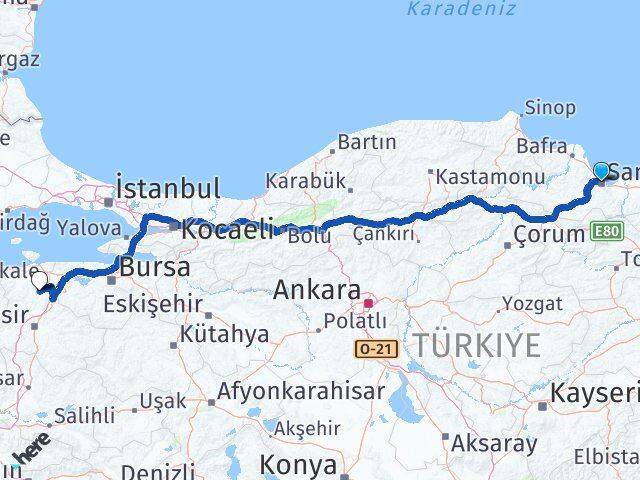 Samsun Manyas Balıkesir Arası Kaç Km - Yol Haritası