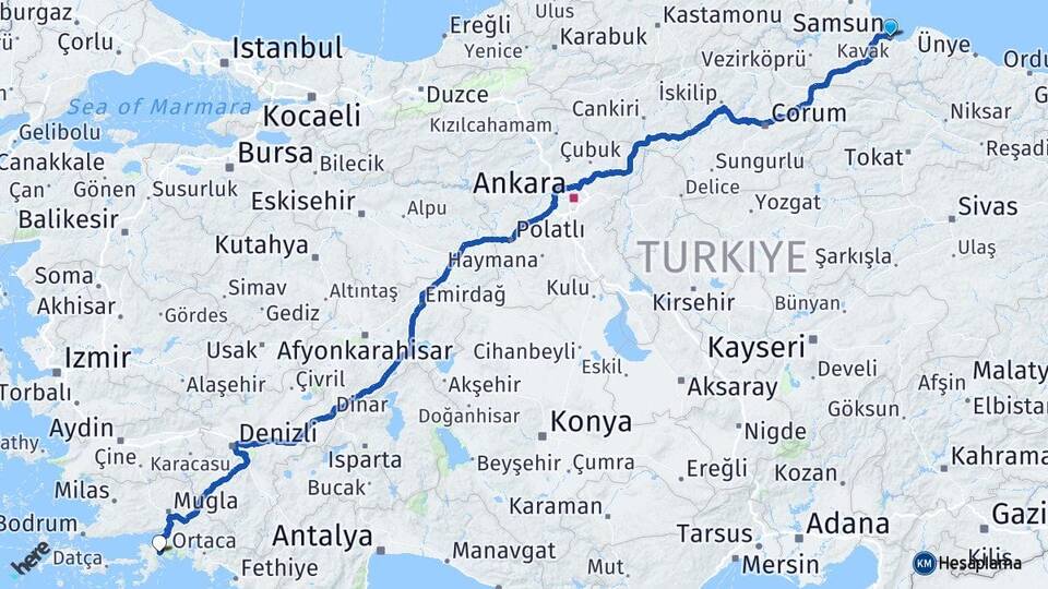 Samsun Marmaris Muğla Arası Kaç Km - Yol Haritası