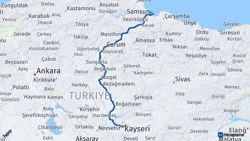 Samsun Melikgazi Kayseri Arası Kaç Km - Yol Haritası