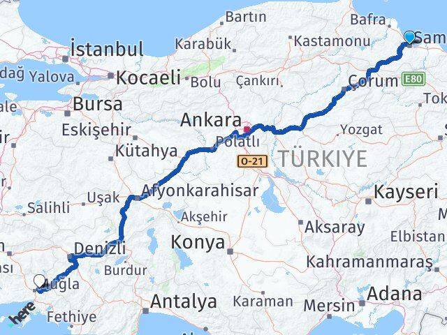 Samsun Menteşe Muğla Arası Kaç Km - Yol Haritası