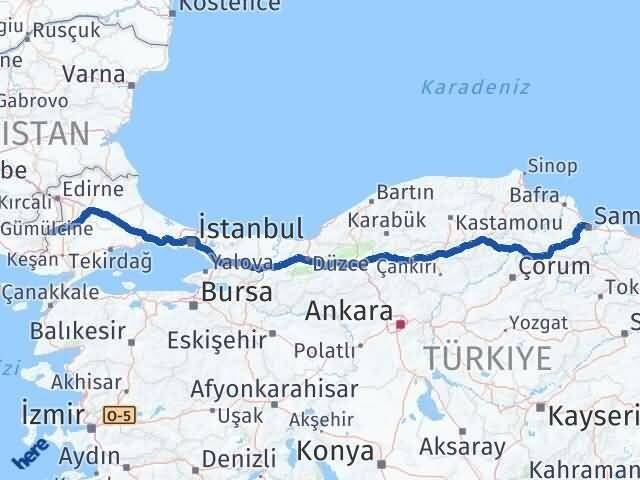 Samsun Meriç Edirne Arası Kaç Km - Yol Haritası