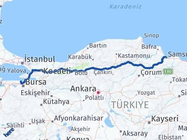 Samsun Mudanya Bursa Arası Kaç Km - Yol Haritası
