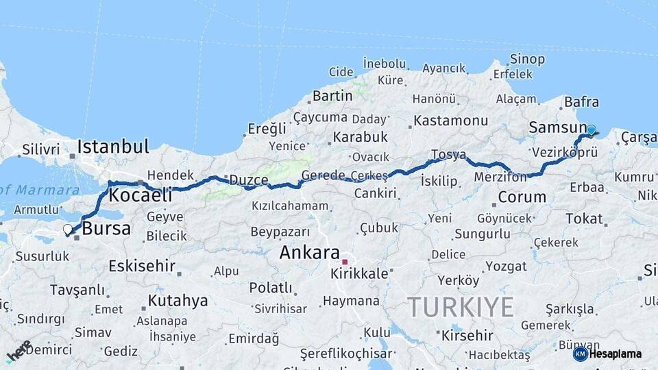 Samsun Nilüfer Bursa Arası Kaç Km - Yol Haritası