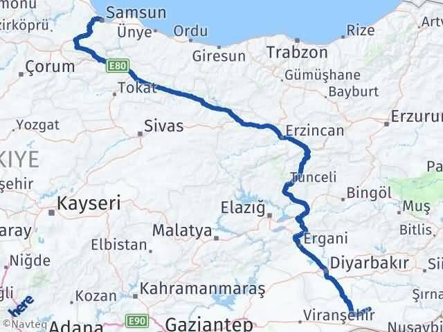 Samsun Ömerli Mardin Arası Kaç Km - Yol Haritası