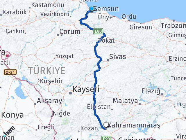 Samsun Onikişubat Kahramanmaraş Arası Kaç Km - Yol Haritası