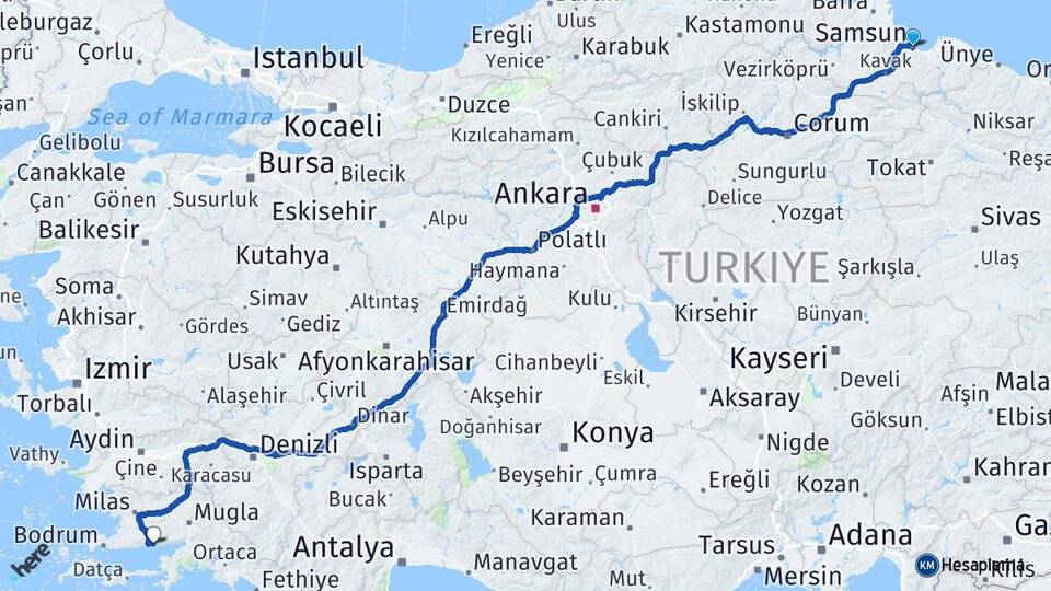 Samsun Ören Milas Muğla Arası Kaç Km - Yol Haritası