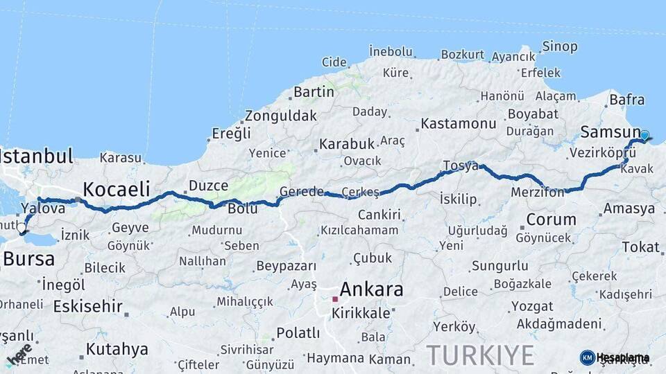 Samsun Orhangazi Bursa Arası Kaç Km - Yol Haritası
