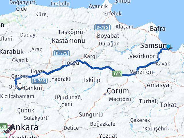 Samsun Orta Çankırı Arası Kaç Km - Yol Haritası