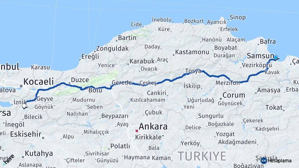 Samsun Osmaneli Bilecik Arası Kaç Km - Yol Haritası