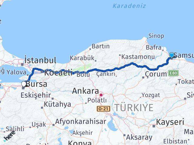 Samsun Osmangazi Bursa Arası Kaç Km - Yol Haritası