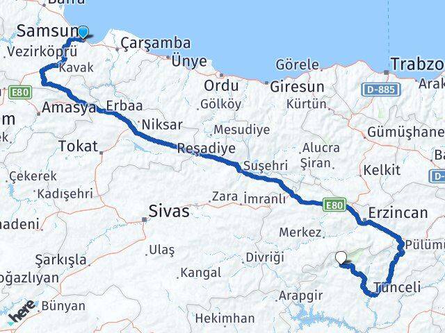 Samsun Ovacık Tunceli Arası Kaç Km - Yol Haritası