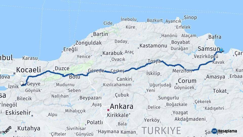 Samsun Pamukova Sakarya Arası Kaç Km - Yol Haritası