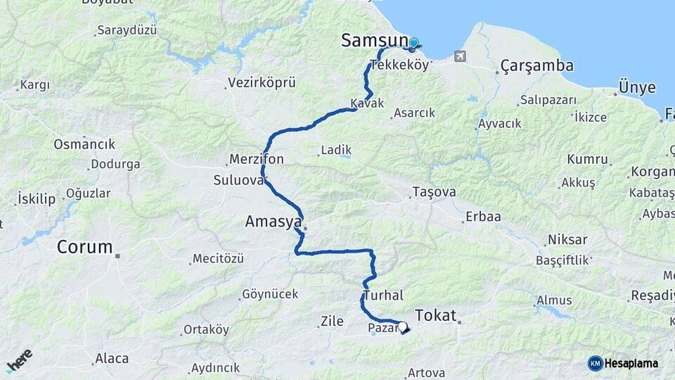 Samsun Pazar Tokat Arası Kaç Km - Yol Haritası
