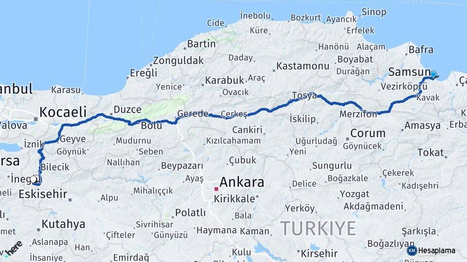 Samsun Pazaryeri Bilecik Arası Kaç Km - Yol Haritası